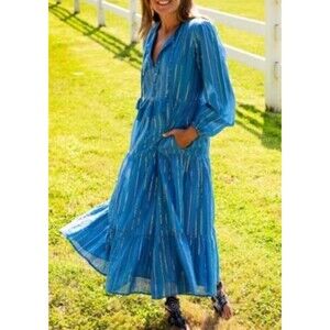TUCKERNUCK OLIPHANT Rio Metallic Maxi Blue Long Sleeve Dress Fairy Boho Medium